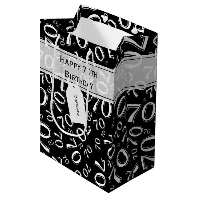 Your text: 70th Birthday Black/White Number 70 Medium Gift Bag (Front Angled)