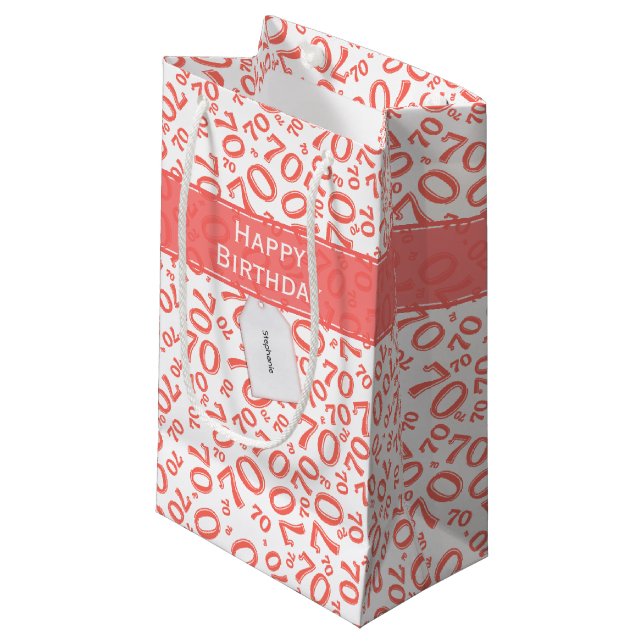 Your text: 70th Birthday Coral Number 70 Pattern Small Gift Bag (Front Angled)