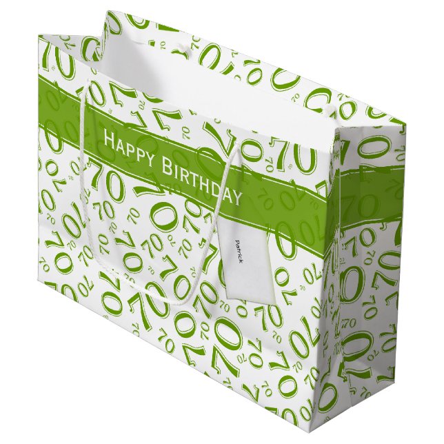 Your text: 70th Birthday Green Number 70 Pattern Large Gift Bag (Front Angled)
