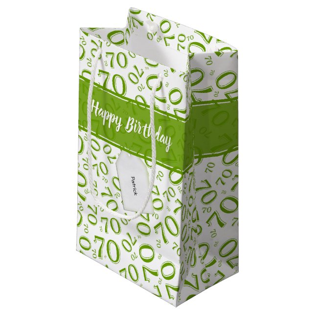 Your text: 70th Birthday Green Number 70 Pattern Small Gift Bag (Front Angled)