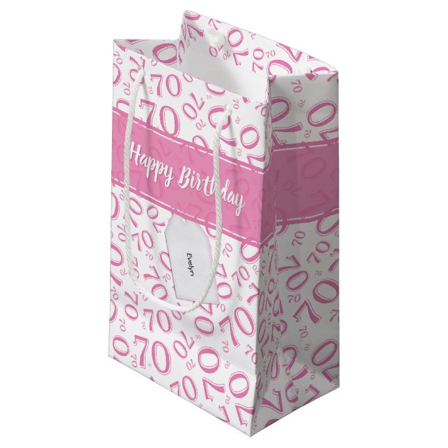 Your text: 70th Birthday Pink Number 70 Pattern Small Gift Bag (Front Angled)