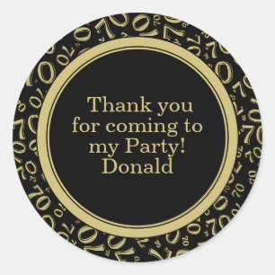  Your Text 70th Random Number Pattern Black/Gold Classic Round Sticker