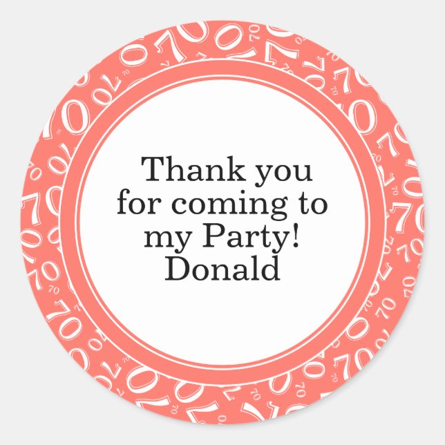  Your Text 70th Random Number Pattern Coral/White Classic Round Sticker (Front)