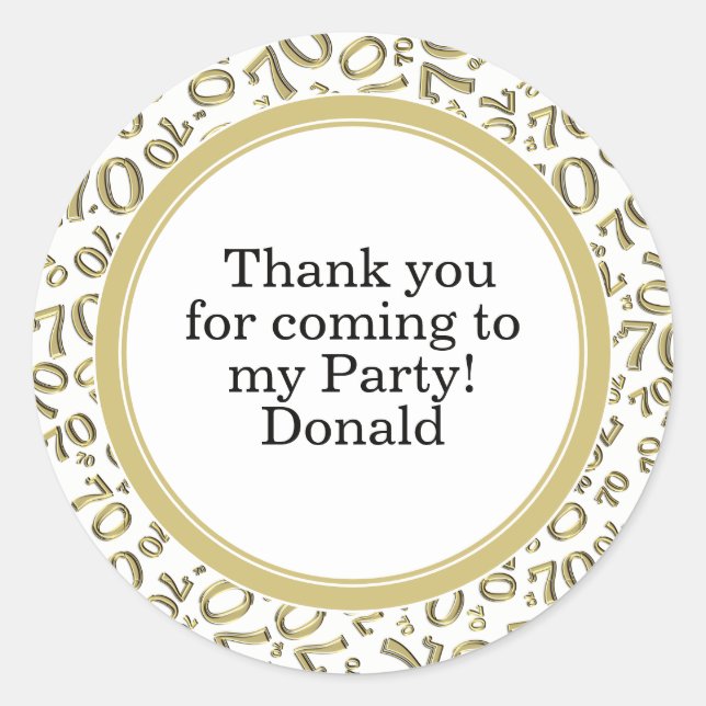  Your Text 70th Random Number Pattern Gold/White Classic Round Sticker (Front)