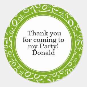 Your Text 70th Random Number Pattern Green/White Classic Round Sticker