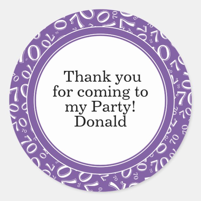  Your Text 70th Random Number Pattern Purple/White Classic Round Sticker (Front)