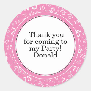 Your Text 75th Random Number Pattern Pink/White Classic Round Sticker