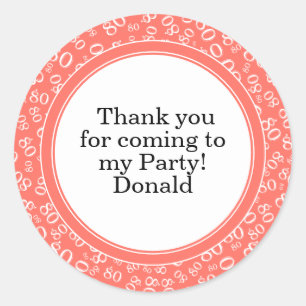 Your Text 80th Random Number Pattern Coral/White Classic Round Sticker
