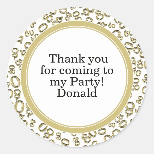  Your Text 80th Random Number Pattern Gold/White Classic Round Sticker (Front)