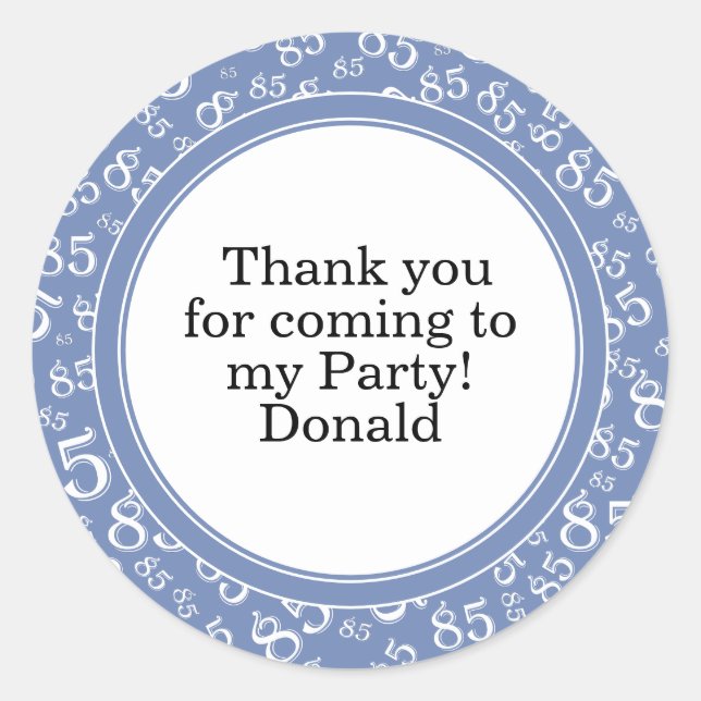  Your Text 85th Random Number Pattern Blue/White Classic Round Sticker (Front)