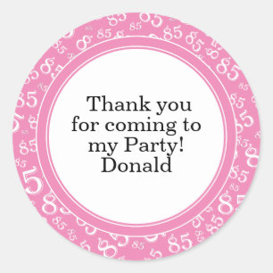 Your Text 85th Random Number Pattern Pink/White Classic Round Sticker