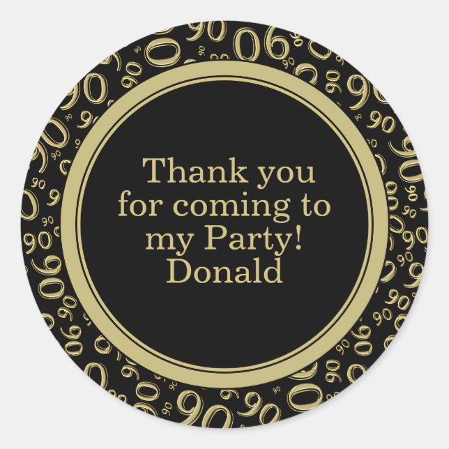  Your Text 90th Random Number Pattern Black/Gold Classic Round Sticker (Front)
