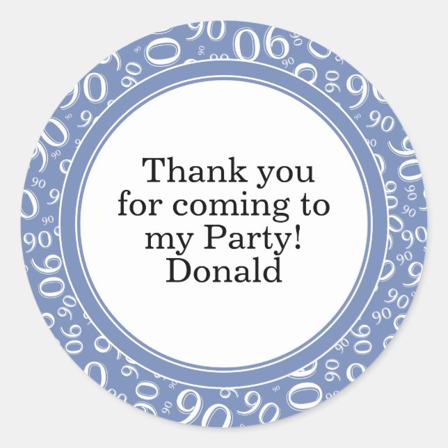  Your Text 90th Random Number Pattern Blue/White Classic Round Sticker (Front)