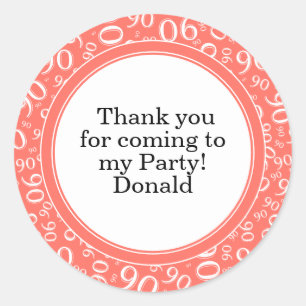 Your Text 90th Random Number Pattern Coral/White Classic Round Sticker
