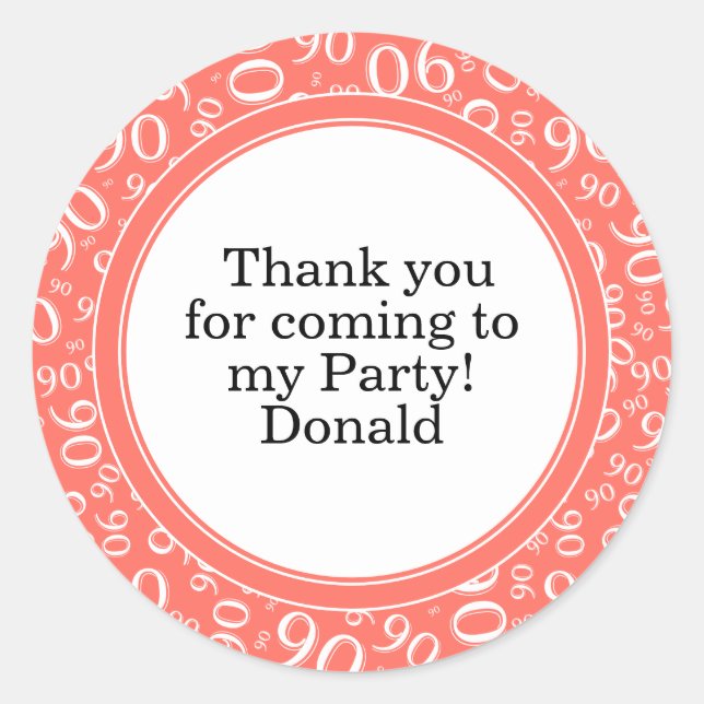  Your Text 90th Random Number Pattern Coral/White Classic Round Sticker (Front)