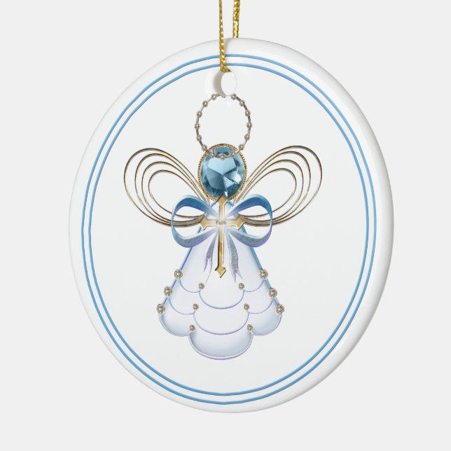 Your Text:  Blue Filigree Christmas Angel of Faith Ceramic Tree Decoration (Left)