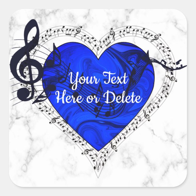 Your Text Blue Heart Treble Clef Music on Marble Square Sticker (Front)