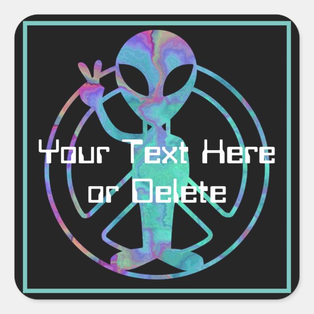 Your Text Blue Tie Dye Alien Peace Sign Cute SciFi Square Sticker (Front)