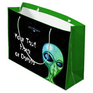 Your Text & Color Cool Green Alien Silver UFO Large Gift Bag