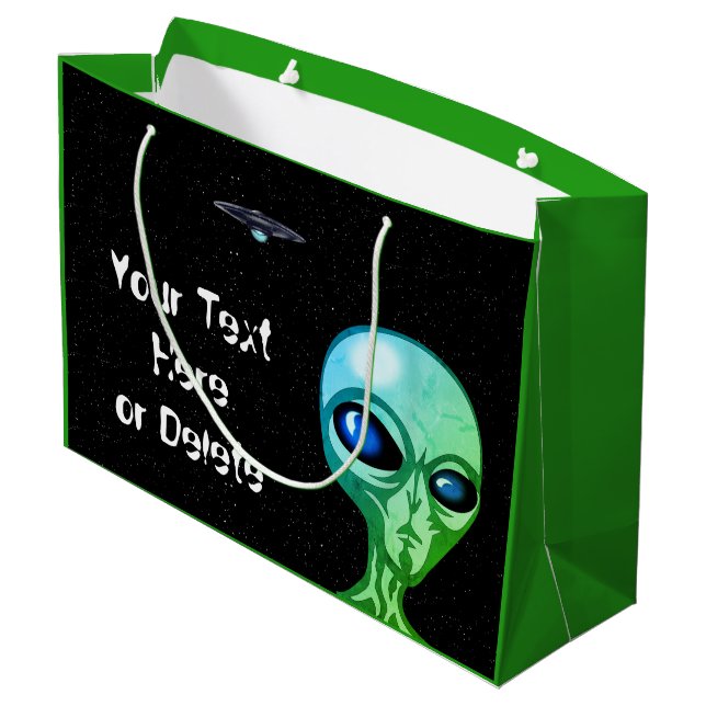 Your Text & Colour Cool Green Alien Silver UFO Large Gift Bag (Back Angled)