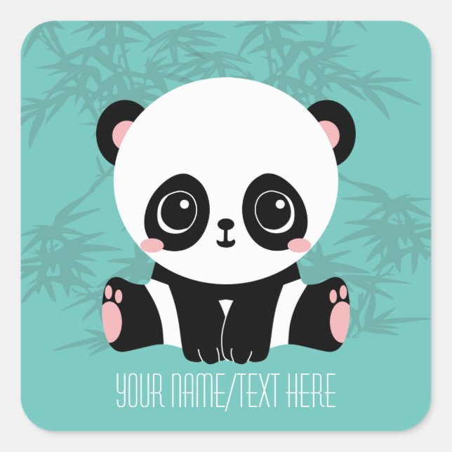 Your Text/Colour Cute Cartoon Panda Bear in Bamboo Square Sticker (Front)