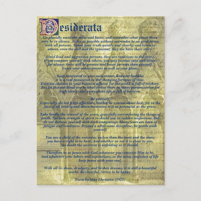 Your Text/Colour Inspirational Gold Desiderata Poe Postcard (Front)