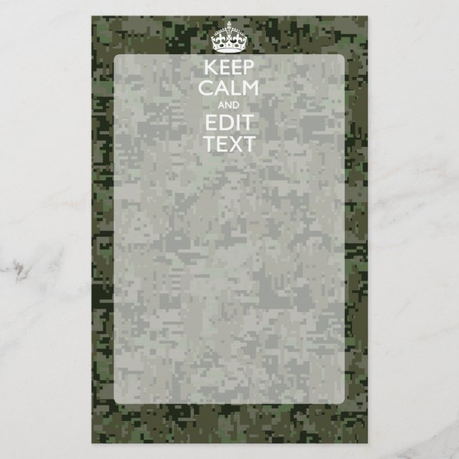 Your Text Digital Camouflage Olive Green Keep Calm Stationery (Front)