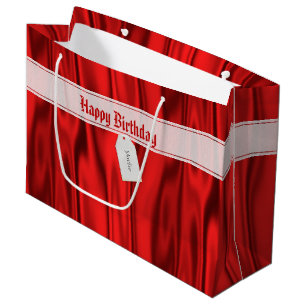 Your Text Elegant Happy Birthday Red Satin Large Gift Bag