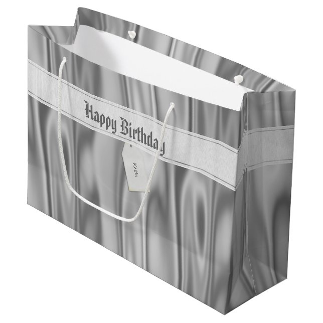 Your Text: Elegant Happy Birthday Silver Satin Large Gift Bag (Front Angled)