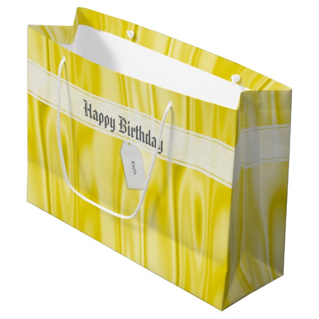 Your Text | Elegant Happy Birthday Yellow Satin Large Gift Bag (Front Angled)