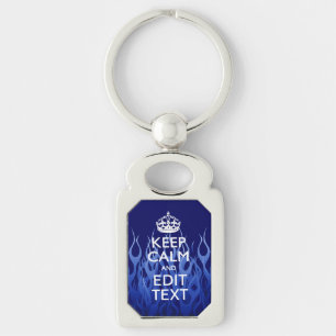 Your Text for Keep Calm on Blue Racing Flames Key Ring