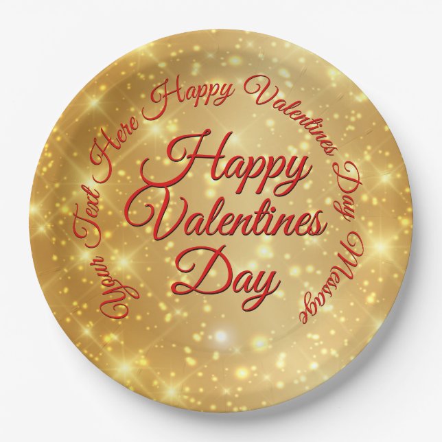 Your TEXT Gold Valentines Day Message  Large 9" Paper Plate (Front)