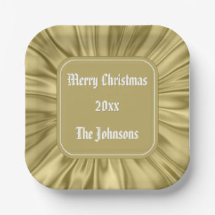 Your text: "Merry Christmas" Gold Ruched Satin Paper Plate