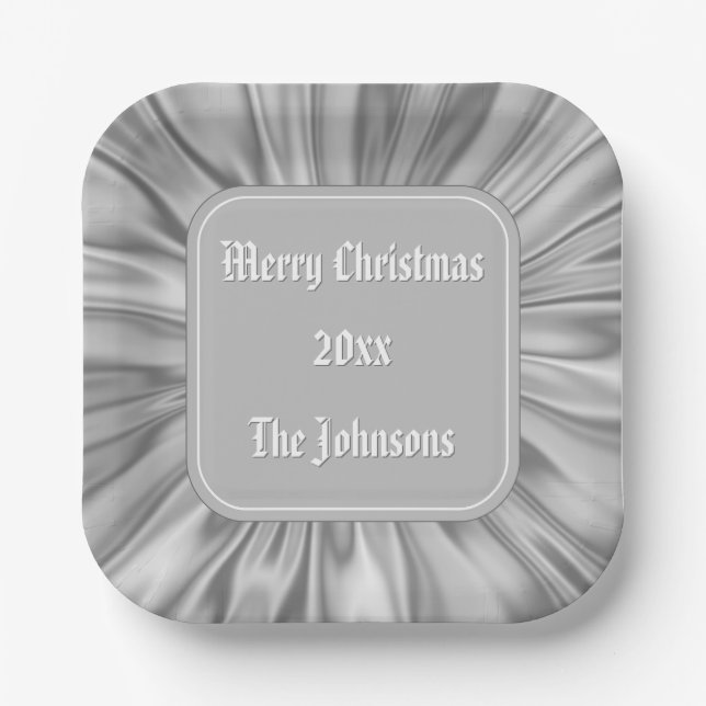 Your text: "Merry Christmas"  Silver Ruched Satin Paper Plate (Front)
