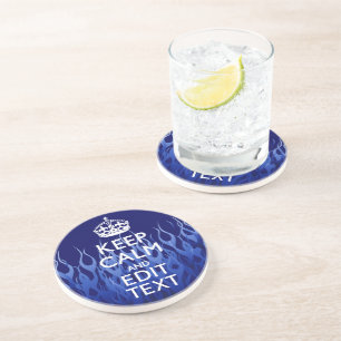 Your Text on Keep Calm on Blue Racing Flames Coaster