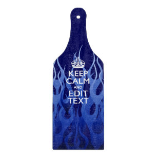 Your Text on Keep Calm on Blue Racing Flames Cutting Board