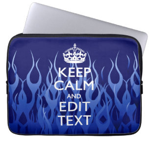 Your Text on Keep Calm on Blue Racing Flames Laptop Sleeve