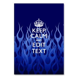 Your Text on Keep Calm on Blue Racing Flames Table Number