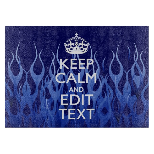 Your Text on Keep Calm on Navy Blue Racing Flames Cutting Board (Front)