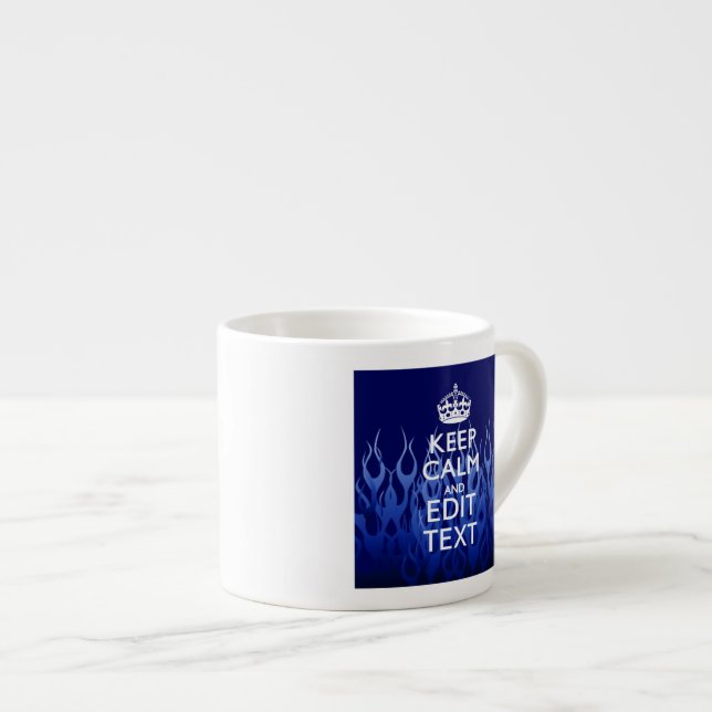 Your Text on Keep Calm on Navy Blue Racing Flames Espresso Cup (Front Right)