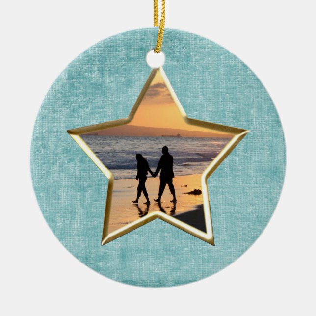 Your Text & Photo: Aqua Star-Shape Picture Frame Ceramic Tree Decoration (Front)