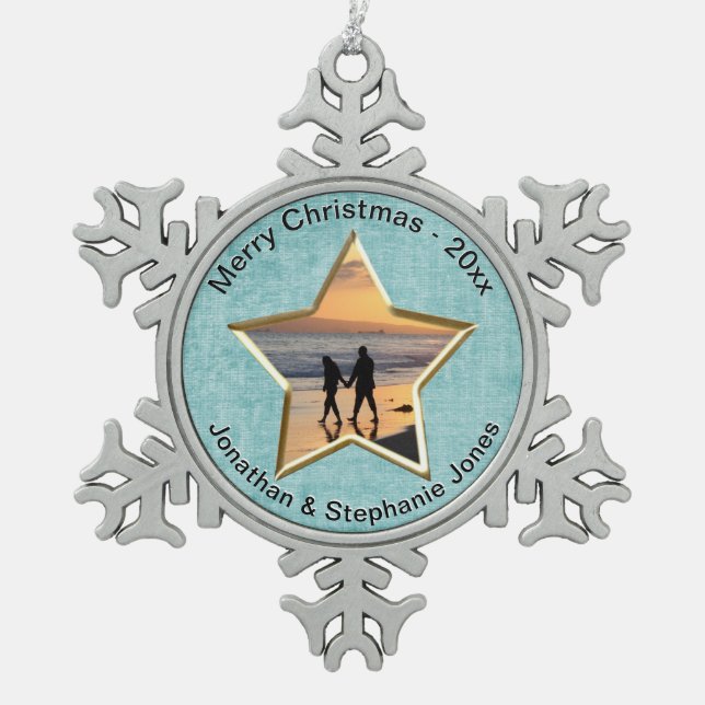  Your Text & Photo: Aqua Star-Shape Picture Frame Snowflake Pewter Christmas Ornament (Front)
