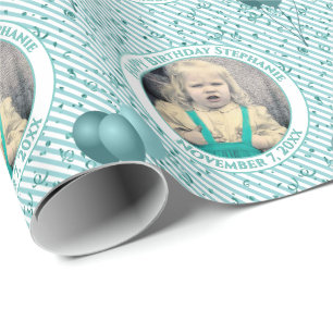 Your Text .Photo Aqua/White Simple Stripes Pattern Wrapping Paper