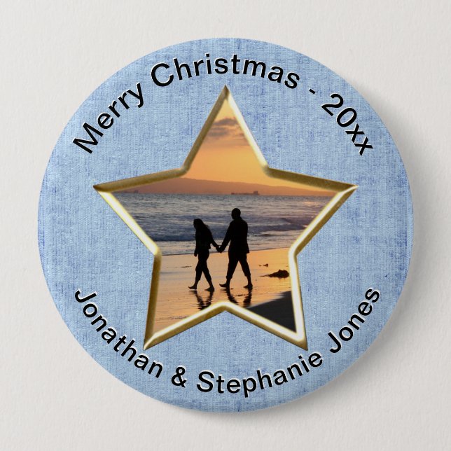  Your Text & Photo: Blue Star-Shape Picture Frame 10 Cm Round Badge (Front)