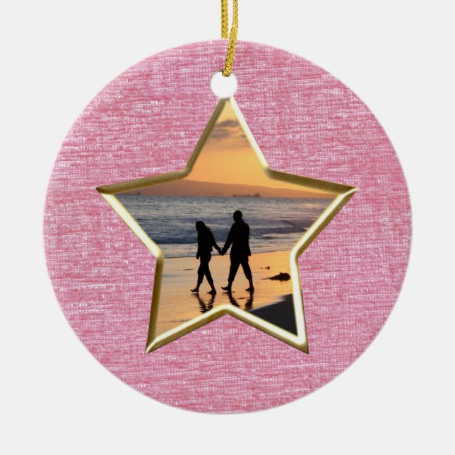  Your Text & Photo: Pink Star-Shape Picture Frame Ceramic Tree Decoration (Front)