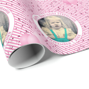 Your Text.Photo Pink/White Simple Stripes Pattern Wrapping Paper