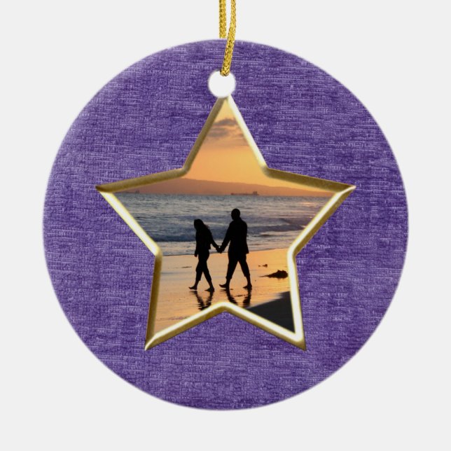  Your Text Photo: Purple Star-Shape Picture Frame Ceramic Tree Decoration (Front)
