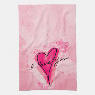 YOUR TEXT Pink Watercolor Heart Tea Towel