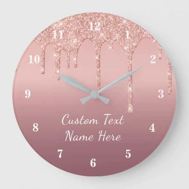 Your Text Rose Gold Blush Glitter Sparkle Drips  Large Clock (Front)
