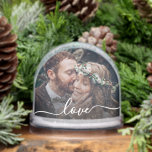 Your Text Simple Modern Script 2-Photo Snowglobe<br><div class="desc">Custom photo snow globe with fully editable text overlay, designed to showcase two personal photos—one on the front and one on the back—making it a perfect keepsake for weddings, anniversaries, engagements, or romantic celebrations. The elegant script text can be personalised to include names, dates, or a meaningful word or phrase,...</div>
